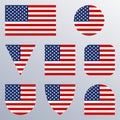 USA flag icon set. American flags in different shapes. United States button collection. Vector illustration. Royalty Free Stock Photo